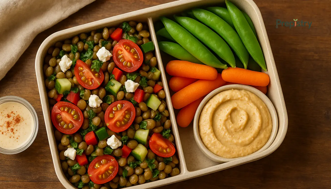 Mediterranean Lentil & Veggie Salad Bento Mediterranean lentil salad with colorful vegetables, hummus, and snap peas in a bento box