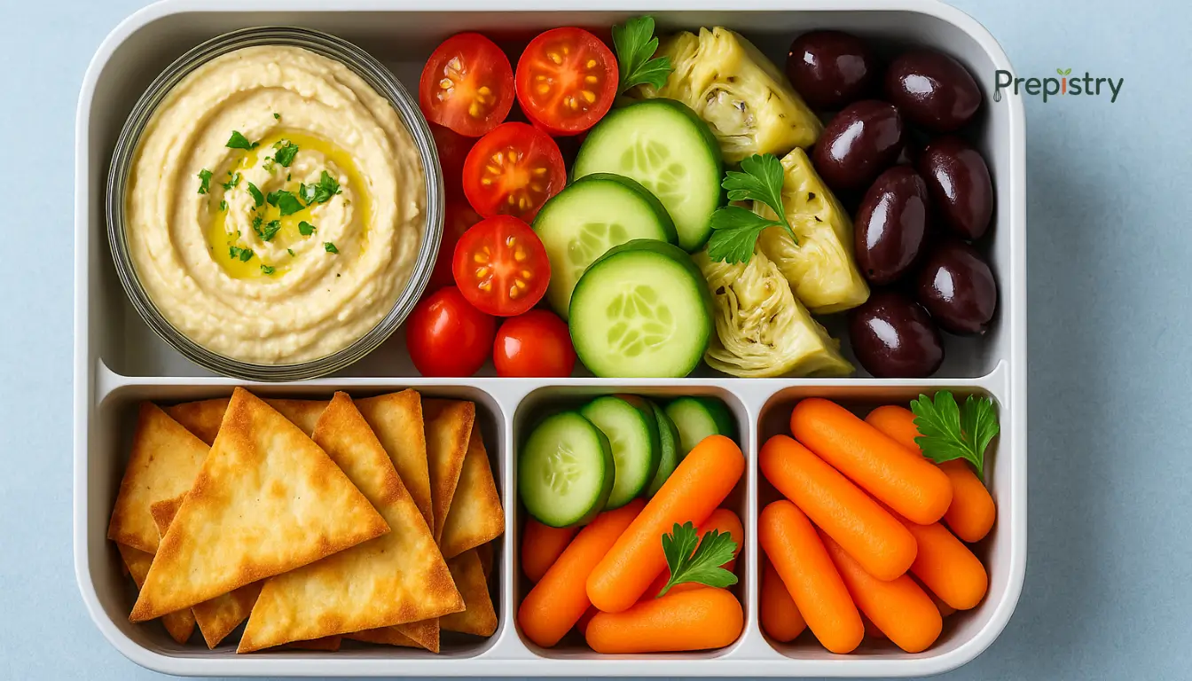 Mediterranean Mezze Lunchbox Colorful Mediterranean lunchbox with hummus, cucumbers, cherry tomatoes, olives, and pita chips