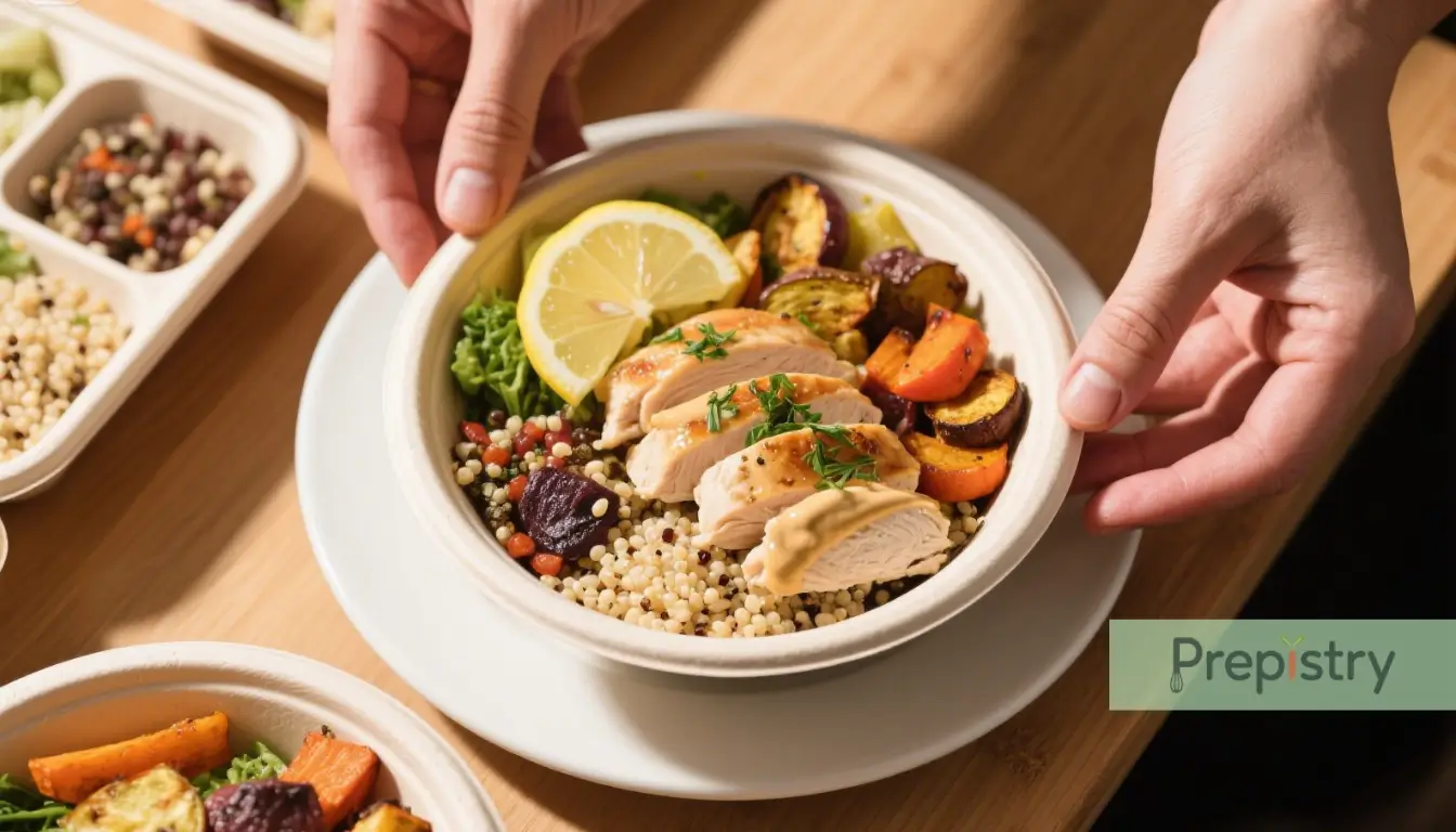 Mediterranean Power Bowl Lemon-Herb Chicken A hand places lemon-herb chicken on a Mediterranean power bowl with quinoa, roasted veggies, and a lemon slice.
