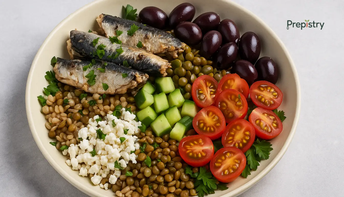 Mediterranean Sardine & Lentil Grain Bowl Mediterranean bowl with sardines, lentils, olives, cucumbers, tomatoes, and feta