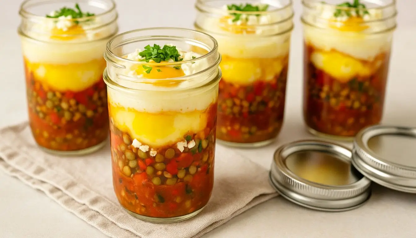 Mediterranean Shakshuka Breakfast Jars Layered shakshuka jars with lentils, poached eggs, and mashed potatoes