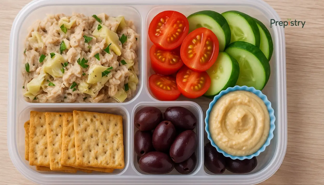 Mediterranean Tuna & Artichoke Stackable Bento Mediterranean bento box with tuna, artichokes, cucumbers, tomatoes, olives, and hummus