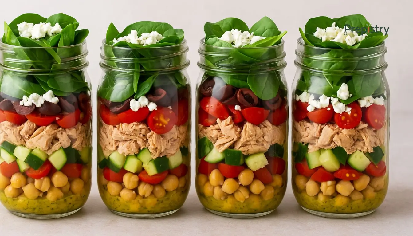 Mediterranean Tuna and Chickpea Salad Jars Fresh Mediterranean tuna chickpea salad layered in glass jars with spinach and feta