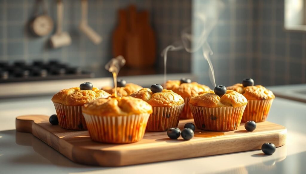 Microwave-friendly breakfast muffins arranged on a wooden cutting board, bathed in warm, soft lighting. The muffins have a golden-brown crust, steam gently rising from their tops. Accents of fresh blueberries and a drizzle of honey add pops of color. The background features a minimalist kitchen counter with light blue ceramic tiles, reflecting the cozy, inviting atmosphere. A sense of care and thoughtfulness permeates the scene, capturing the essence of a stress-free morning.