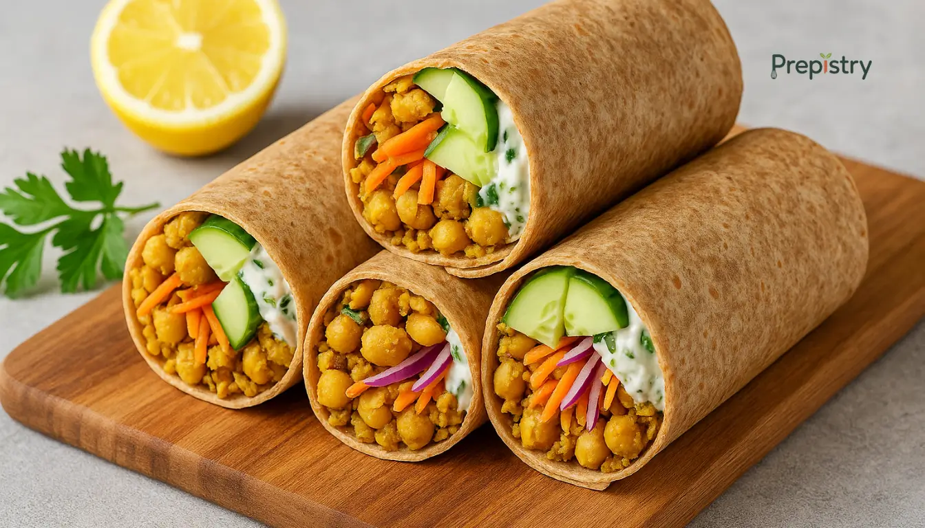 Middle Eastern Spiced Chickpea and Cucumber Wraps Fresh Middle Eastern chickpea and cucumber wraps stacked on a wooden board with lemon