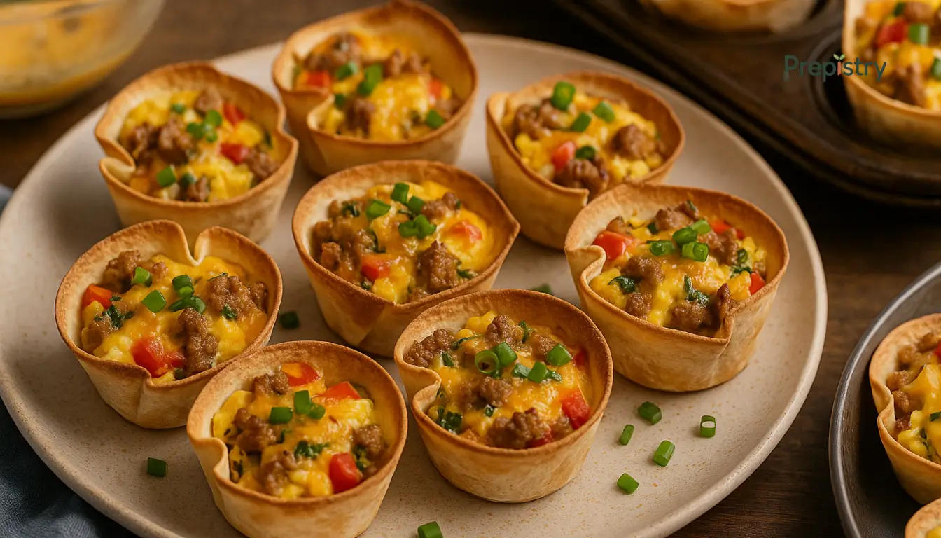 Mini Baked Tortilla Breakfast Cups Mini tortilla cups filled with eggs, sausage, cheese, and peppers on a plate