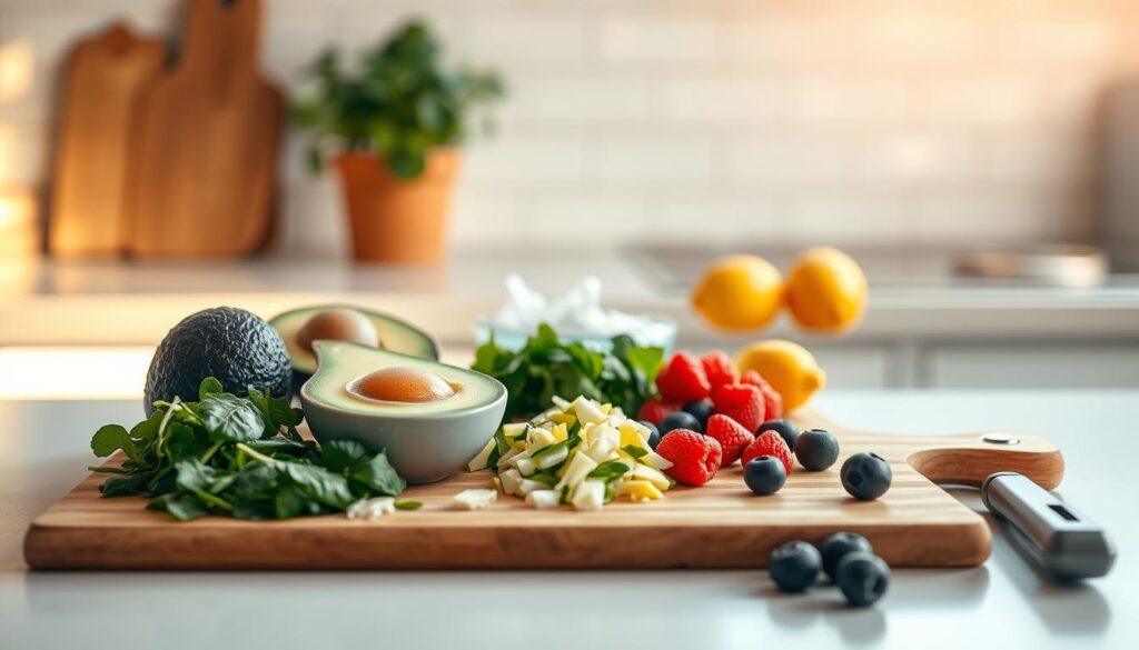 Minimalist kitchen counter with a wooden cutting board, a variety of freshly chopped paleo-friendly ingredients like avocado, eggs, spinach, and berries. Warm, natural lighting illuminates the scene, casting soft shadows. In the background, a simple tile backsplash and a potted plant add subtle pops of color. The setup conveys a sense of clean eating and mindful meal preparation, inviting the viewer to customize their own paleo breakfast.