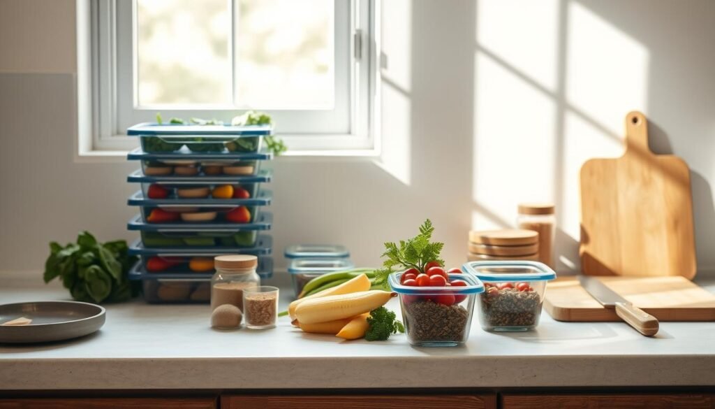 Minimalist kitchen countertop with stacks of meal prep containers, fresh vegetables, spices, and a cutting board. Natural light streams in through a window, casting soft shadows. The scene conveys a sense of efficiency and thoughtful planning for budget-friendly, nourishing meals. The color palette features earthy tones with pops of light blue, evoking a calming, organized atmosphere. A compact layout with clean lines and essential tools suggests a practical, time-saving approach to meal preparation.