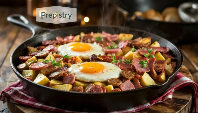 Hearty breakfast hash with eggs, meat, sausage, and crispy potatoes in a skillet.