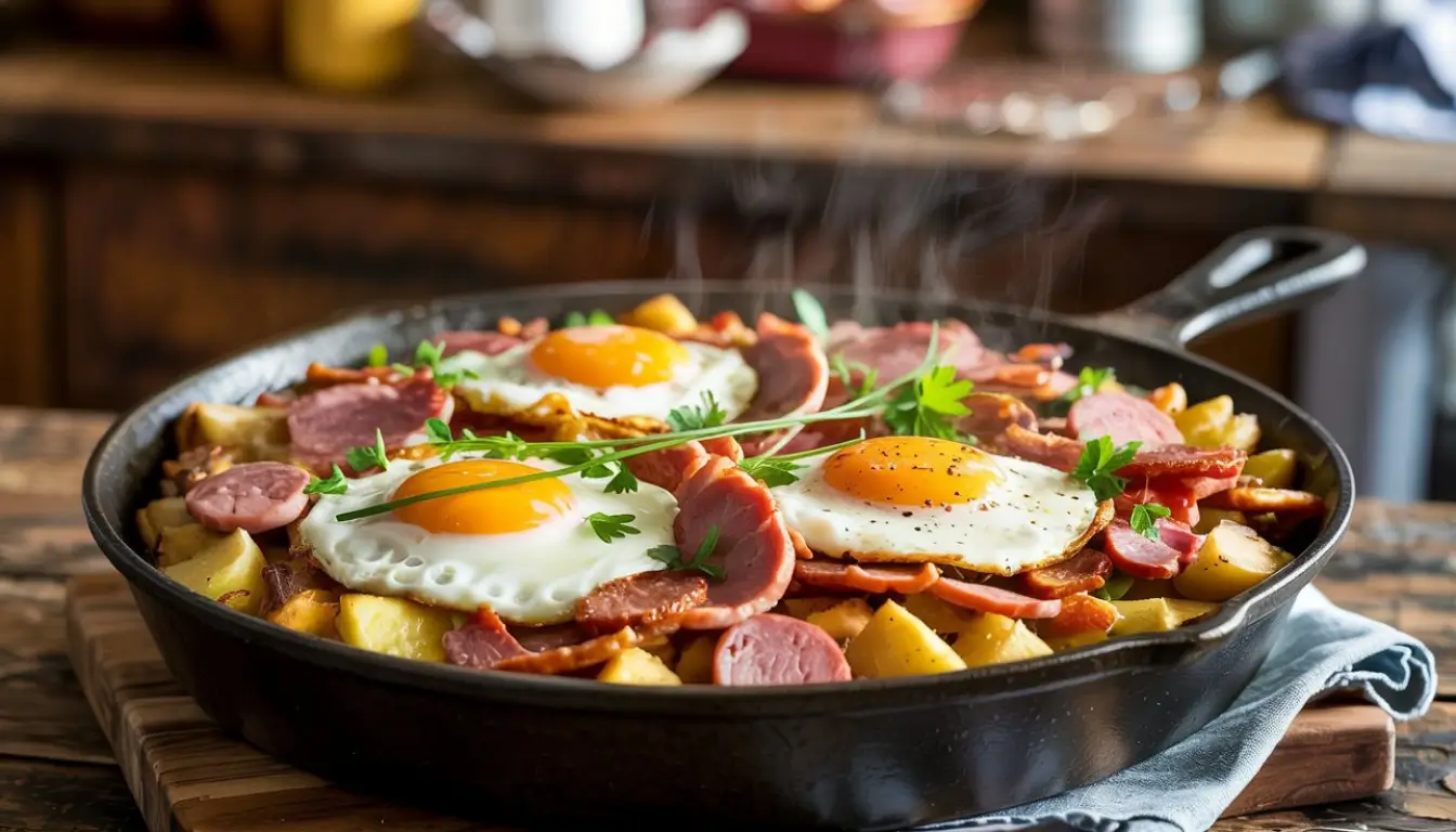 Delicious breakfast hash with eggs, sausage, meat, and crispy potatoes in a skillet.