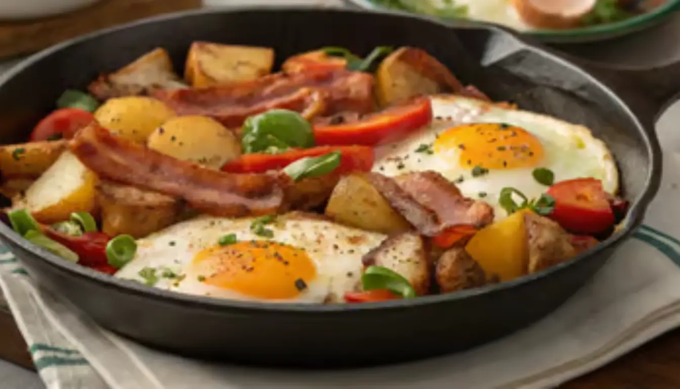 Breakfast skillet with eggs, bacon, peppers, and golden potatoes