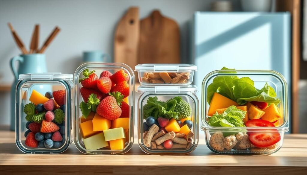 Neatly arranged meal prep containers in a cozy, minimal kitchen setting. Sleek, modern glass and plastic containers in various sizes, perfectly portioned for a balanced breakfast. Vibrant fruits, vegetables, and proteins fill the compartments, creating a visually appealing and healthy meal. Soft natural lighting bathes the scene, highlighting the wooden textures and light blue accents that create a calming, organized atmosphere. The containers are positioned on a clean, wooden surface, ready to be packed for the day ahead.