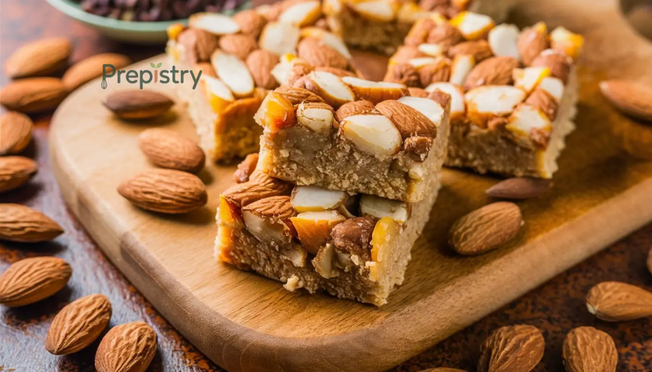 No-Bake Almond Butter Protein Bars Almond butter protein bars with visible almond toppings on a wooden cutting board.