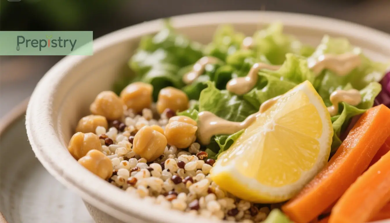 No-Heat Mediterranean Grain Bowl A vibrant Mediterranean grain bowl with quinoa, chickpeas, lettuce, carrots, and lemon slices.