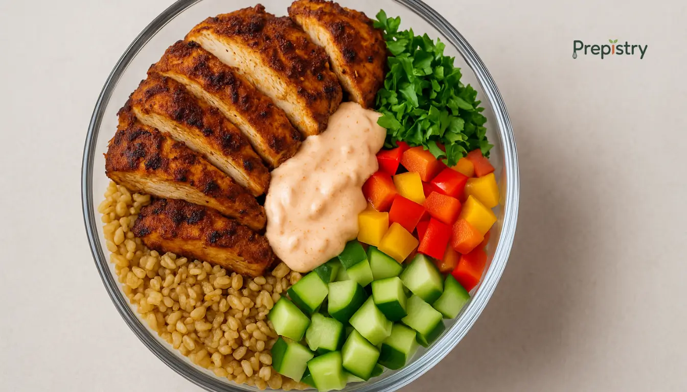 North African Freekeh Chicken Lunch Bowls Sliced grilled chicken with freekeh, chopped veggies, and harissa yogurt in a glass bowl