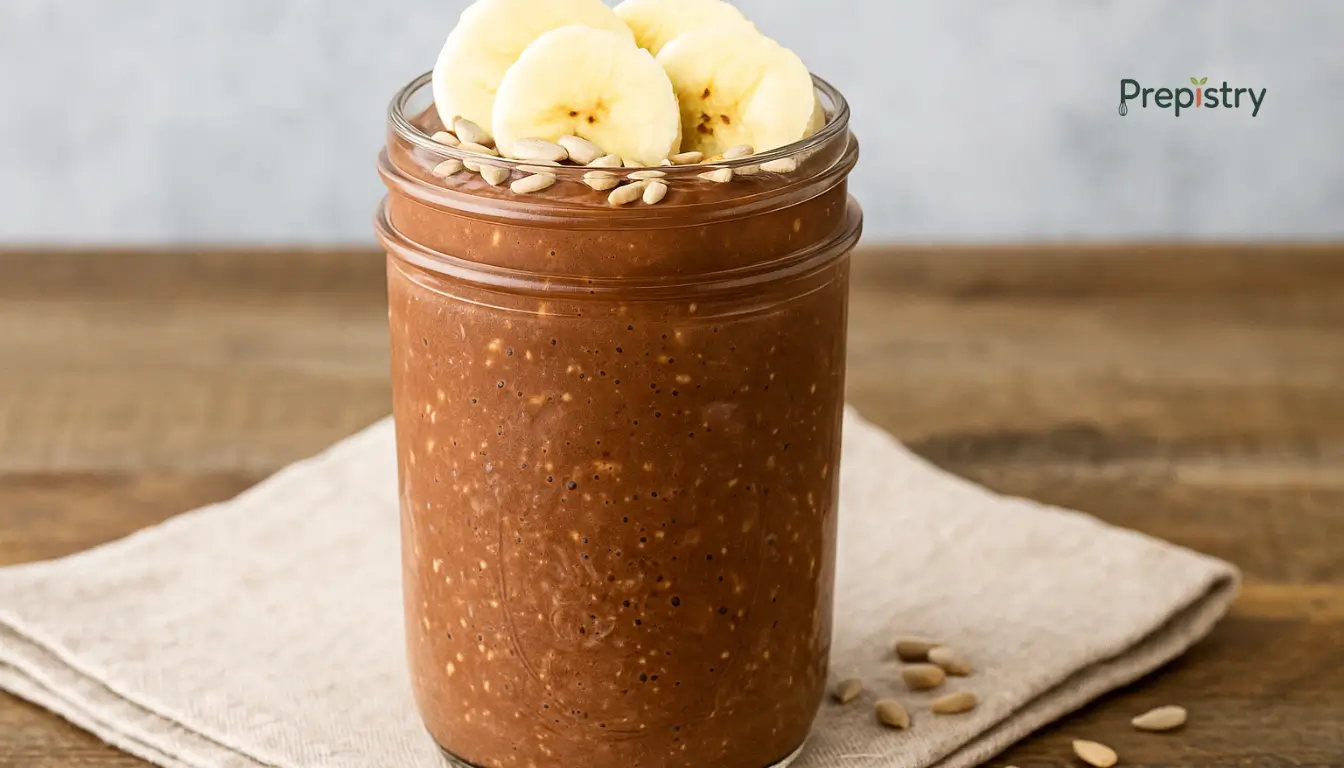Nut-Free Chocolate Sunflower Overnight Oats Jar of chocolate overnight oats topped with banana slices and sunflower seeds