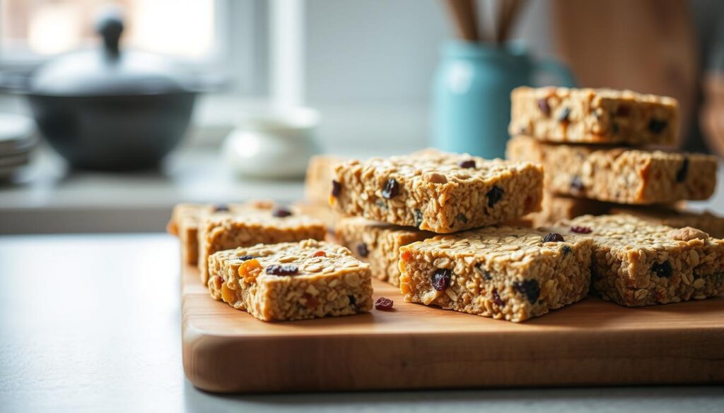 Oatmeal breakfast bars arranged on a wooden cutting board, with a muted, natural light filtering through a window in the background. The bars have a rustic, homemade appearance, with visible oats, honey, and dried fruits like cranberries and apricots. The scene conveys a sense of simplicity, warmth, and healthy nourishment, fitting the "Low-Lift and Prep-Ahead Breakfast Bar Recipes" theme. The kitchen environment features light blue accents, adding a calming, cozy atmosphere.