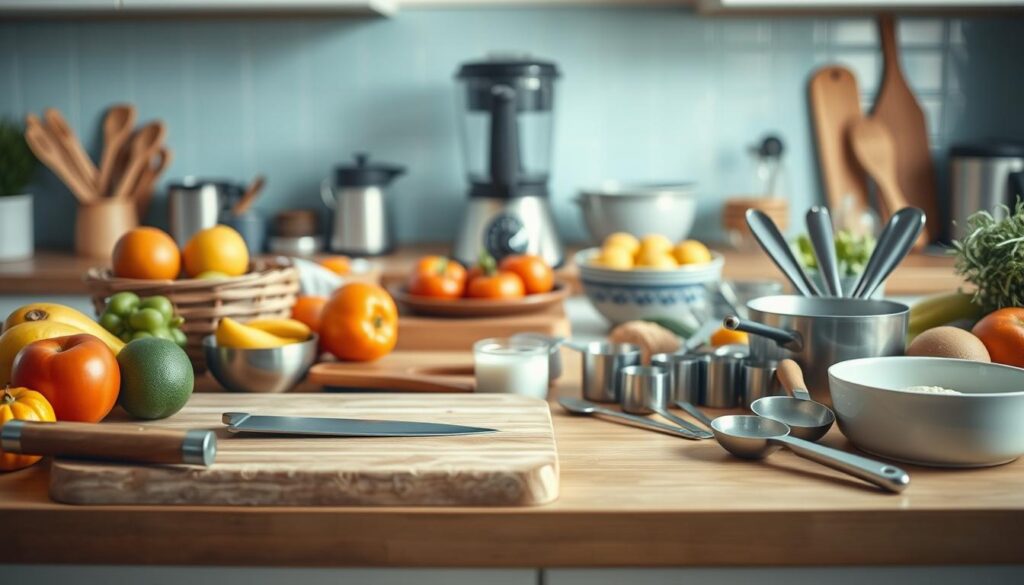 On a wooden kitchen counter, an assortment of breakfast meal prep tools and ingredients are neatly arranged. In the foreground, a cutting board, chef's knife, and various measuring cups and spoons sit alongside fresh fruits and vegetables. In the middle ground, a blender, food processor, and mixing bowls create a cohesive culinary setup. The background features a light blue backsplash that accentuates the warm, natural tones of the kitchen. The scene is bathed in soft, even lighting, captured by a wide-angle lens to provide a comprehensive view of the essential elements for a successful breakfast meal prep.
