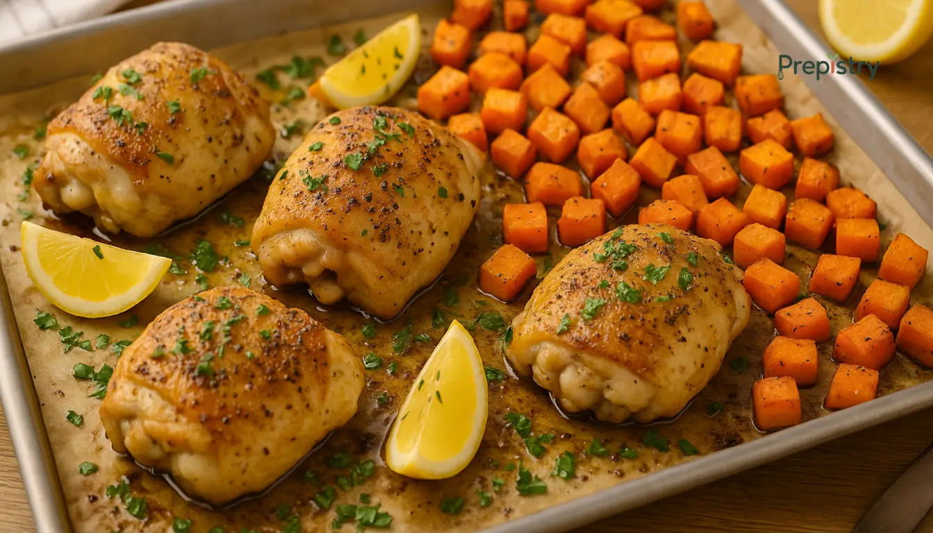 One Pan Lemon Herb Chicken Baked chicken thighs with golden potatoes and lemon slices on a sheet pan