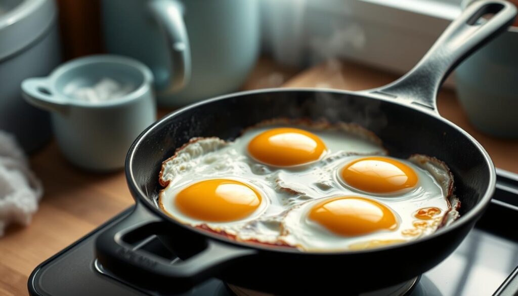 Oven-baked eggs sizzle in a cast-iron skillet, the golden yolks gently set against a backdrop of crisp, lightly browned edges. The scene captures the comforting aroma and simple pleasure of a homemade breakfast, set against a cozy, minimal kitchen environment with warm wooden textures and light blue accents. Soft, natural lighting illuminates the scene, casting a gentle glow over the perfectly prepared eggs, inviting the viewer to savor the moment.