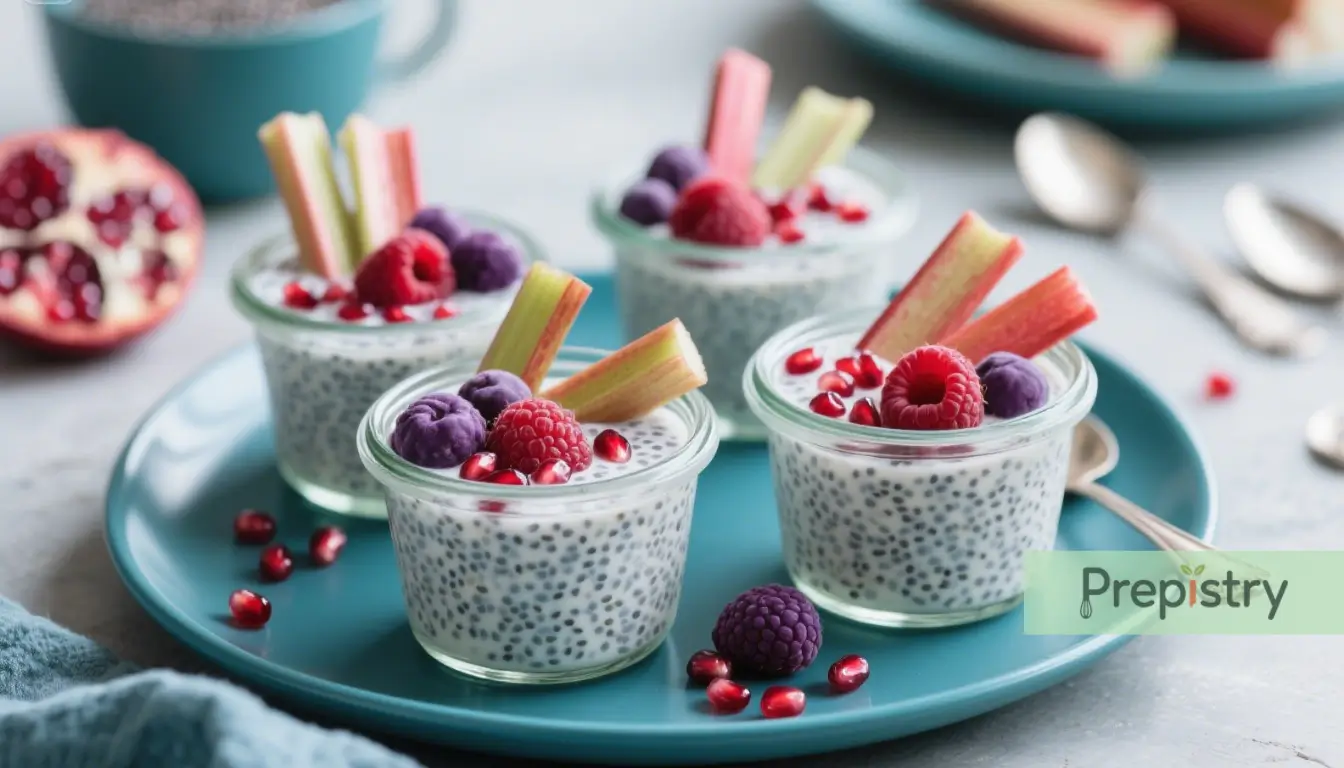 Overnight Chia Pudding with Seasonal Fruits Chia pudding topped with berries, rhubarb, and pomegranate, served in small glass jars on a blue plate.