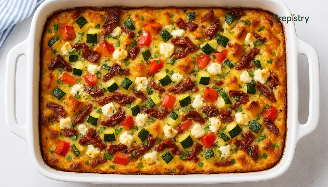 Overnight Veggie Strata with Feta and Sun-Dried Tomato Baked vegetable strata topped with feta, sun-dried tomatoes, and diced zucchini in a white dish