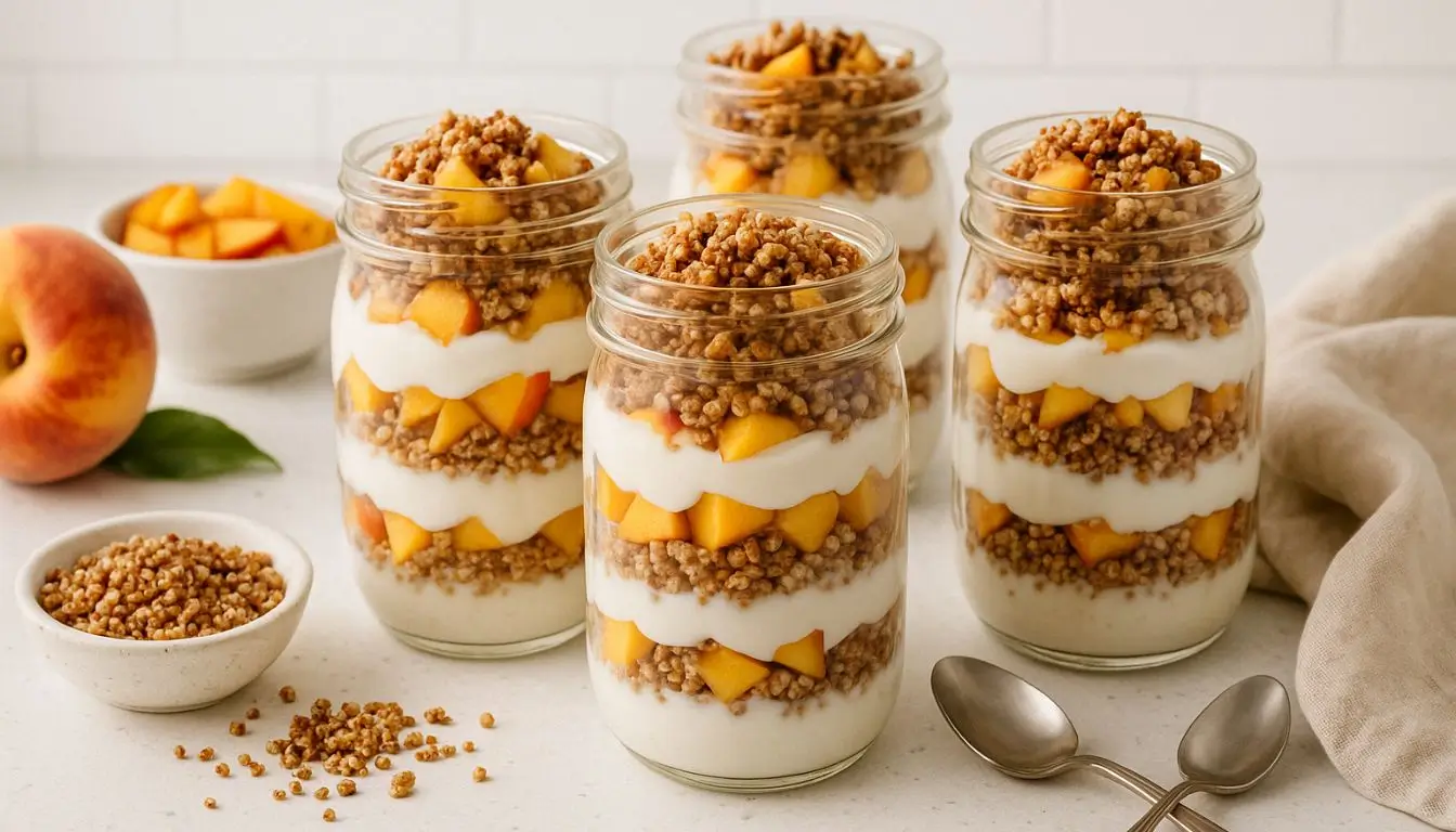 Peach Quinoa Crunch Parfaits Peach quinoa parfaits layered with yogurt, fruit, and crunchy clusters in clear mason jars