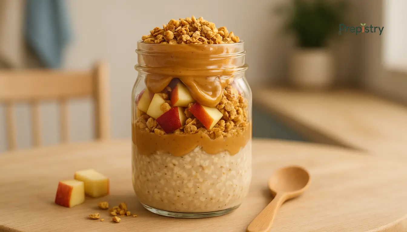Layered jar of overnight oats with apples, granola, and creamy peanut butter on a wooden table