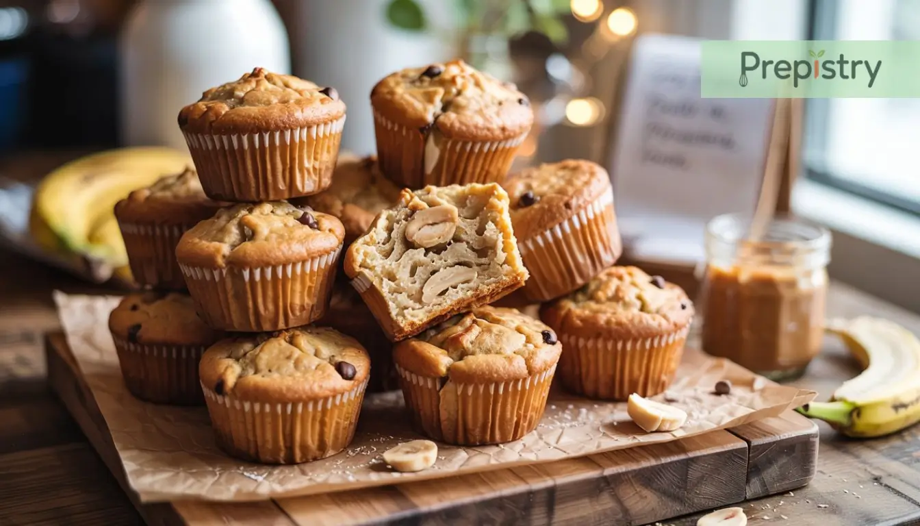 Peanut Butter Banana Protein Power Muffins A stack of freshly baked peanut butter banana protein muffins with a soft, fluffy interior and banana on the side.