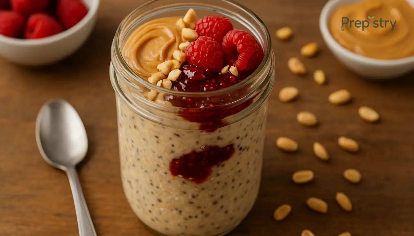 Peanut Butter & Jelly Overnight Oats A mason jar filled with peanut butter and jelly overnight oats topped with raspberries, peanuts, and peanut butter.