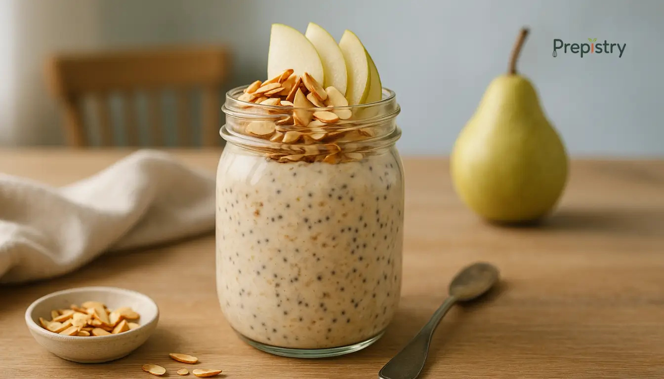 Pear Cardamom Overnight Oats Creamy overnight oats topped with sliced pear and almonds in a glass jar on a wooden surface