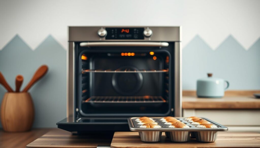 Perfectly lit, high-resolution image showcasing an oven and a muffin tin in a cozy, minimal kitchen setting. The oven, with its sleek stainless steel finish, stands prominently in the foreground, its door ajar to reveal the warm glow of the interior. In the middle ground, a muffin tin, crafted from gleaming metal, sits atop a wooden countertop, its individual cups waiting to be filled with delectable batter. The background features soft, light blue accents on the walls, complementing the natural wooden textures that permeate the space, creating a calming and inviting atmosphere. The composition is balanced, with the oven and muffin tin positioned to showcase their respective roles in the baking process.
