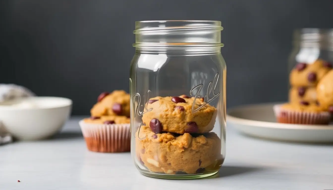 Portable Protein-Packed Muffin Cups Muffins stacked inside a mason jar with chocolate chips visible.