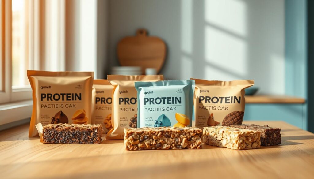 Protein bars 2025 - a tantalizing display on a wooden kitchen countertop. Sleek, modern packaging in muted earth tones reflects the bars' wholesome, natural ingredients. Soft, diffused lighting highlights the bars' texture and inviting shapes, casting gentle shadows that create depth and dimension. The minimalist setting, with accents of light blue, amplifies the bars' clean, premium aesthetic. An array of unique flavors beckons the viewer, hinting at the advancements in nutrition and taste that define the protein bars of the future. A sense of balance, health, and modernity permeates the scene, enticing the viewer to indulge in these superior breakfast treats.