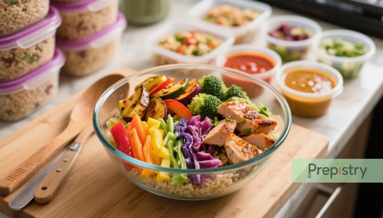 Rainbow Power Bowl Components A rainbow power bowl with roasted vegetables, grilled chicken, and sauces on a kitchen counter.