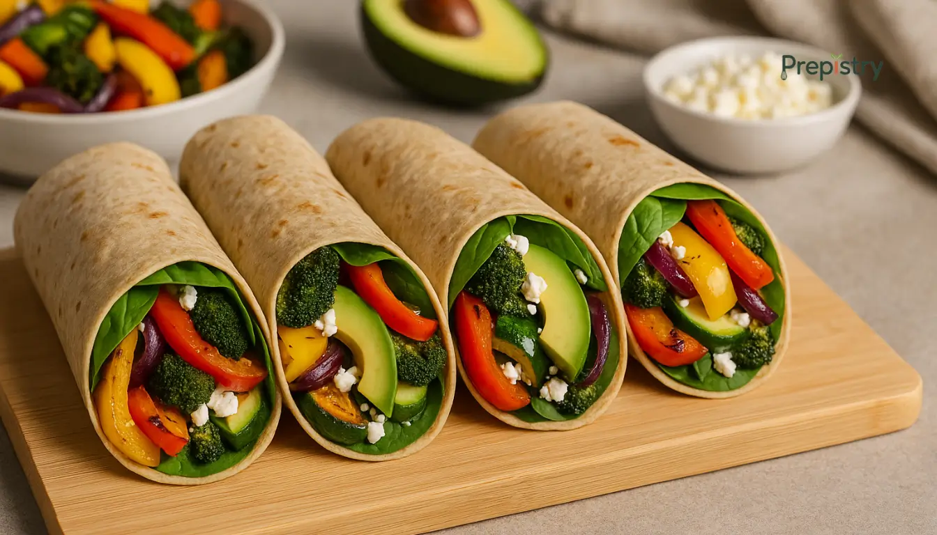 Rainbow Roasted Veggie Breakfast Wraps Four colorful roasted vegetable breakfast wraps filled with broccoli, peppers, and avocado