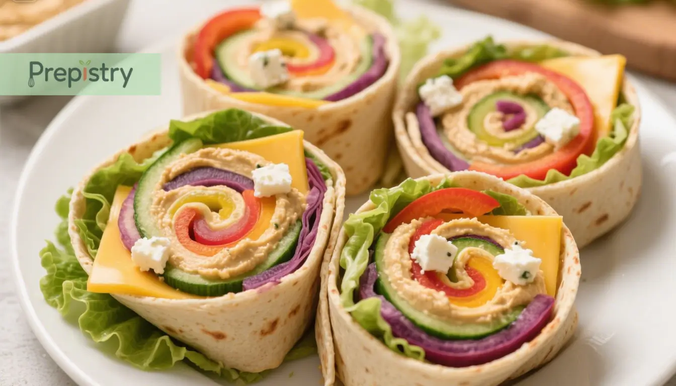 Rainbow Veggie & Hummus Pinwheel Wraps Colorful veggie and hummus pinwheel wraps with fresh greens and cheese.
