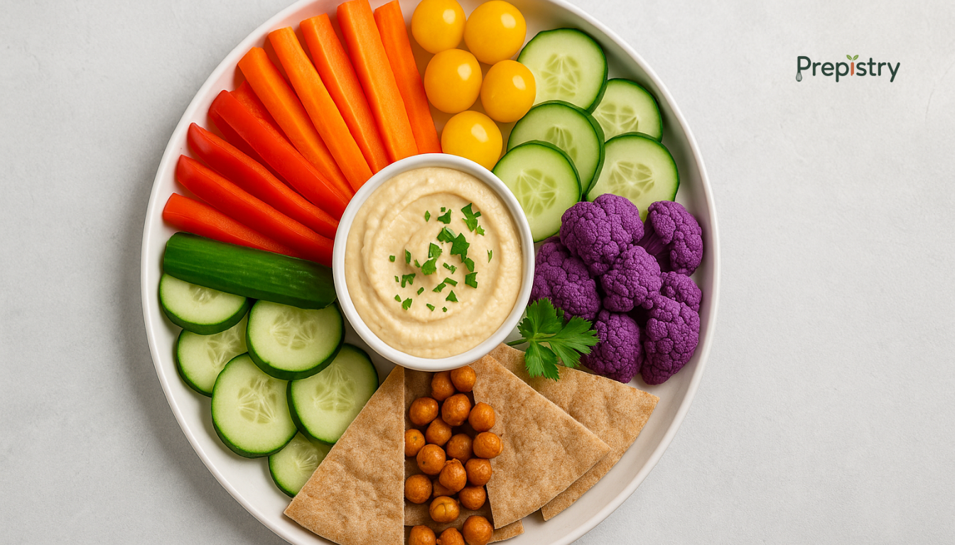 Rainbow Veggie and Hummus Snack Plate Colorful fresh vegetables and hummus neatly arranged on a white plate