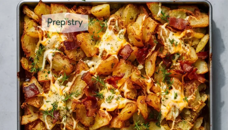 Roasted crispy potatoes with melted cheese, meat, and fresh herbs.