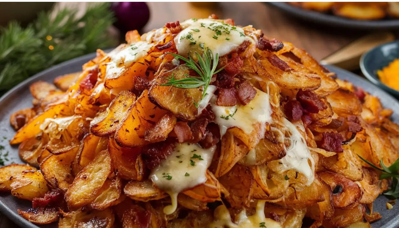 Rise & Shine Morning Hash Brown Platter 2 Stacked crispy potatoes with melted cheese, meat, and fresh herbs.