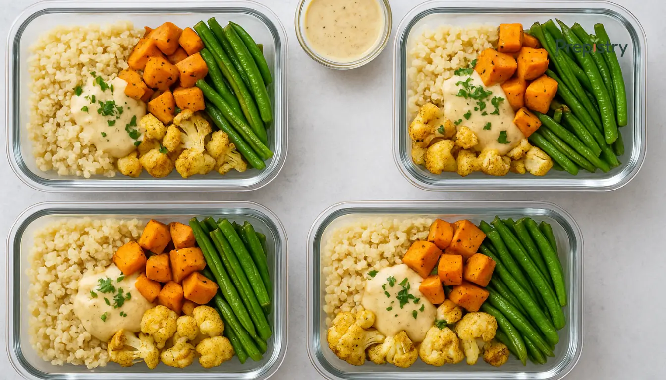 Roasted Veggie & Quinoa Meal Prep Bowls Roasted veggie and quinoa meal prep bowls with lemon tahini drizzle in clear containers