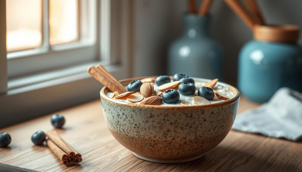 Rolled oats sit in a rustic ceramic bowl, glistening with creamy almond milk. Aromatic cinnamon, sliced almonds, and plump blueberries adorn the surface, creating a visually enticing and nutritious meal. The soft, natural lighting from a nearby window casts a warm glow, highlighting the earthy textures of the wooden table and subtle blue accents in the minimal kitchen setting. The overall scene evokes a sense of comforting simplicity, perfectly capturing the essence of a nourishing and readily available overnight oats recipe.