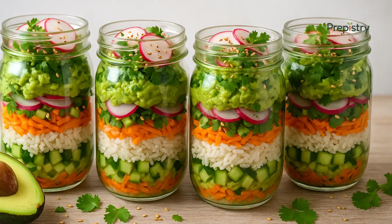 Savory Avocado Rice Salad Jars Fresh mason jars filled with rice, avocado, and vegetables on a light surface
