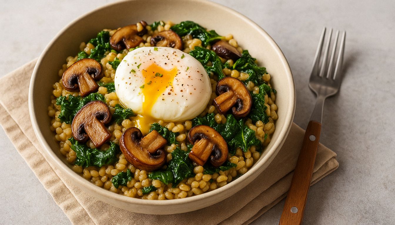 Savory Barley Breakfast Risotto Savory barley risotto with wilted greens, mushrooms, and a soft poached egg.