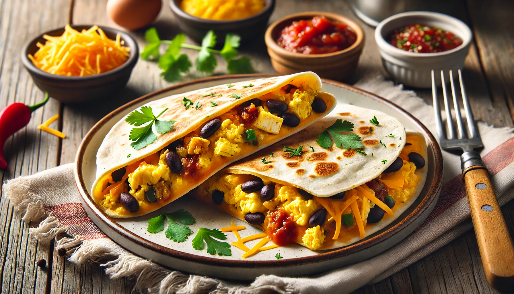 Savory Breakfast Quesadillas with Black Beans and Salsa Two breakfast quesadillas with scrambled eggs, black beans, cheese, and salsa.