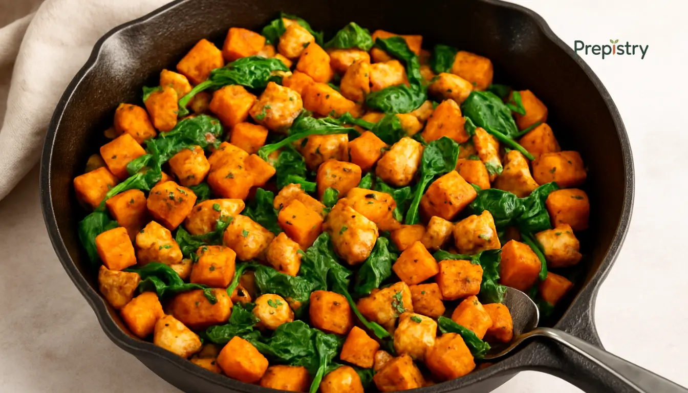 Savory Chicken Sweet Potato Breakfast Hash Savory breakfast hash with sweet potatoes, chicken, and spinach in a black cast-iron skillet