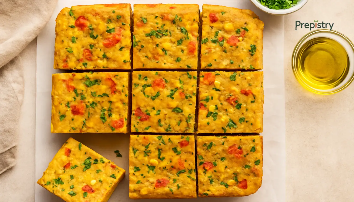 Savory Chickpea Pancake Breakfast Squares Golden chickpea pancake squares with corn, tomatoes, and herbs arranged neatly on parchment.