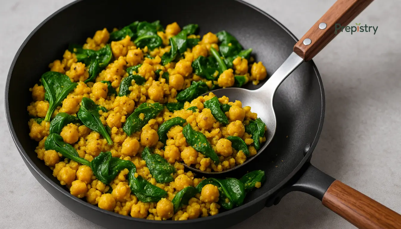 Savory Chickpea Spinach Scramble Golden chickpea and spinach scramble served in a black skillet with a wooden-handled spatula