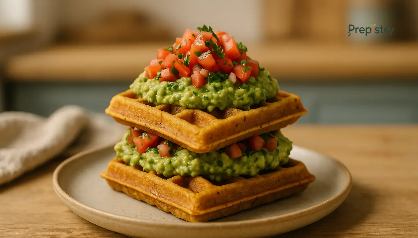 Savory Chickpea Waffle Breakfast Stack Stacked savory chickpea waffles topped with smashed avocado and diced tomato
