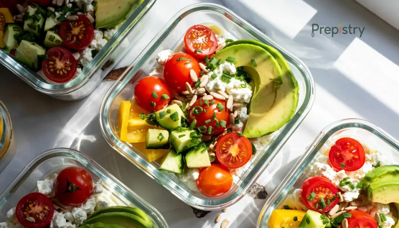 Savory Cottage Cheese Breakfast Bowls Savory cottage cheese bowls with tomatoes, avocado, cucumber, and sunflower seeds.